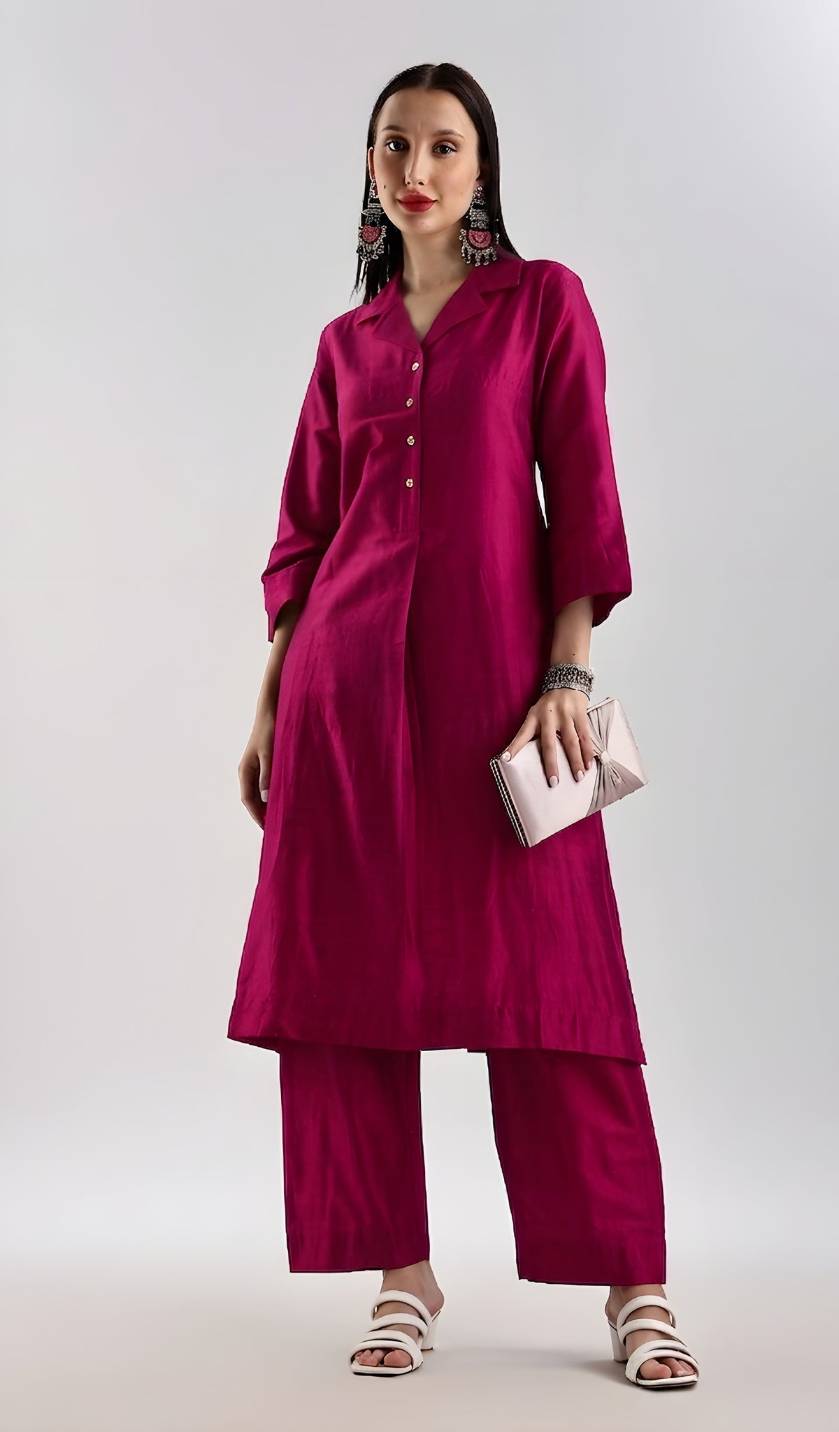 Cotton Silk Collared Set - Magenta Pink