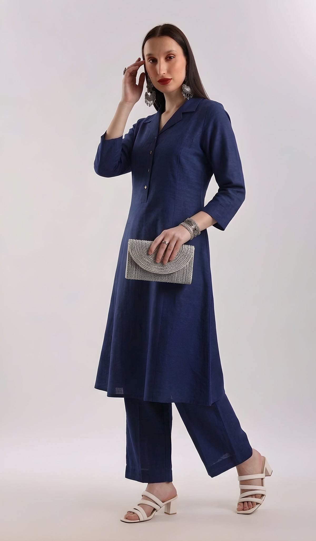 Cotton Silk Collared Set - Navy Blue