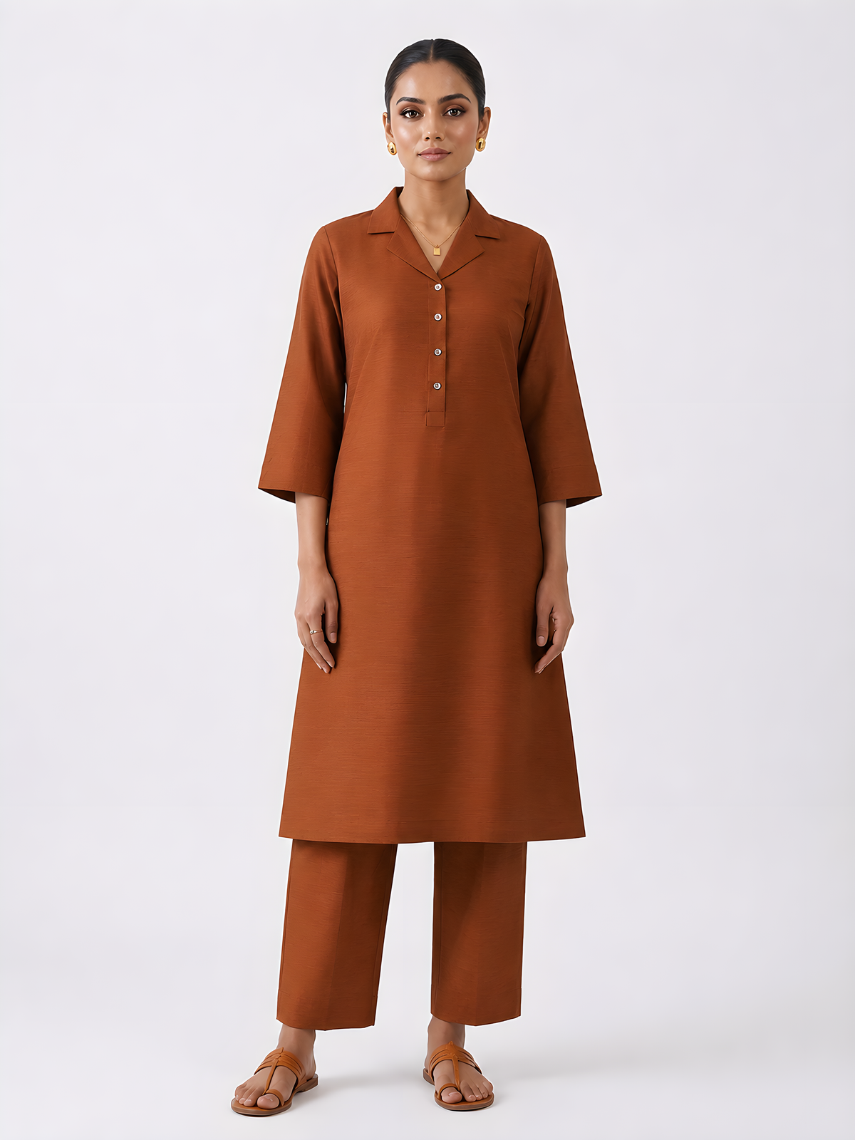 Cotton Silk Collared Set - Rust