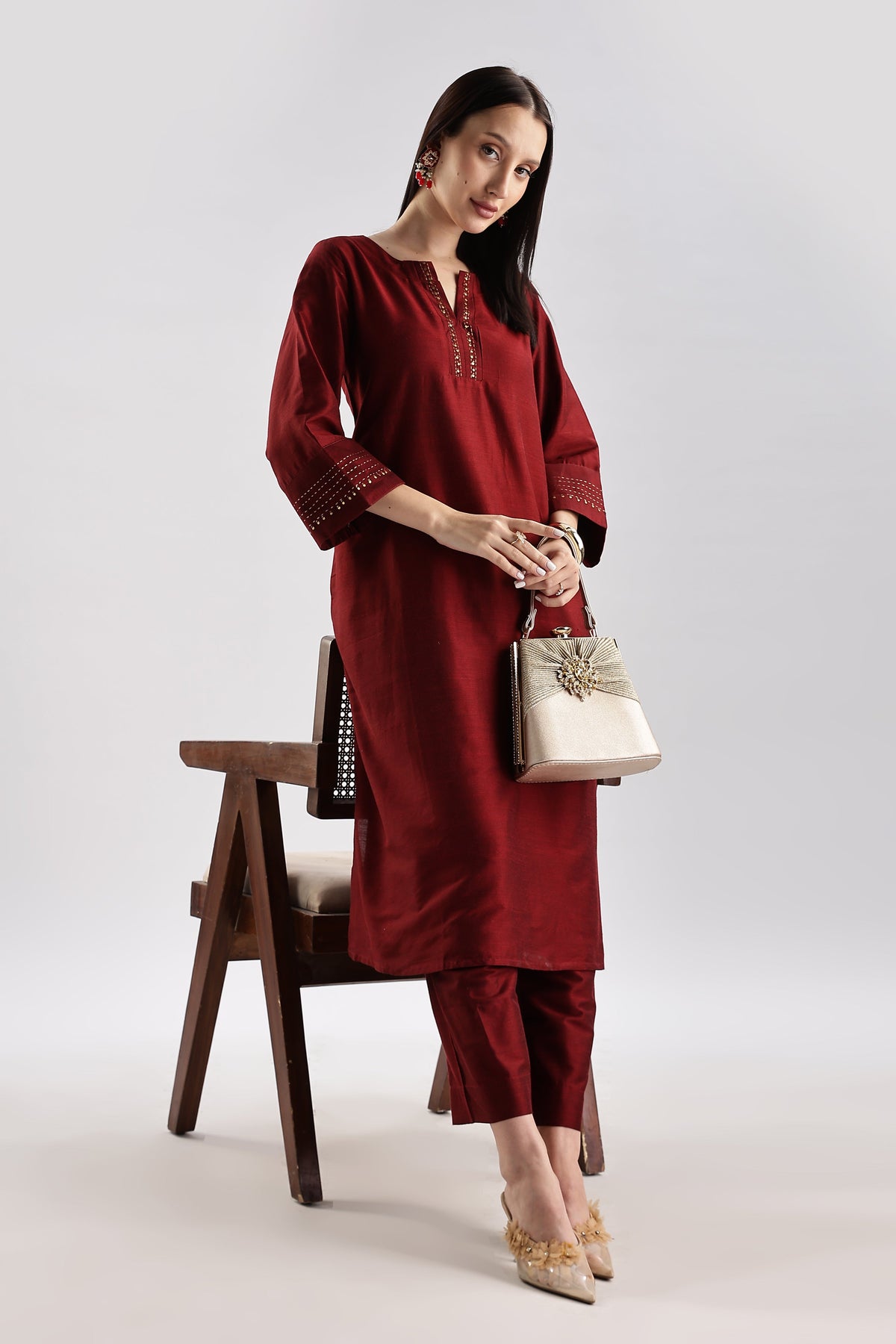 Cotton Silk Embroidered Set - Wine